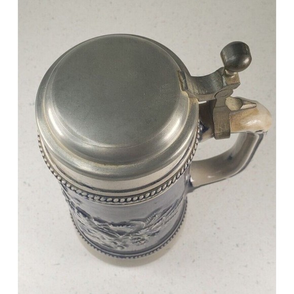 Vintage Original Gerzit Lidded German Stoneware Beer Stein Cobalt Blue Pewter - Picture 9 of 14
